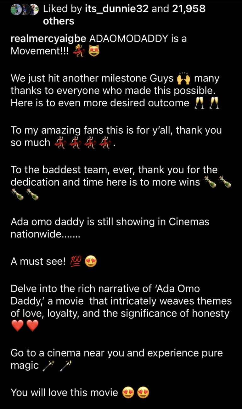 Mercy Aigbe's message to fans asking them to watch Ada Omo Daddy.