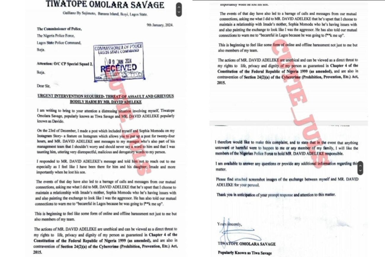 Tiwa Savage petitions the police over drama with Davido 