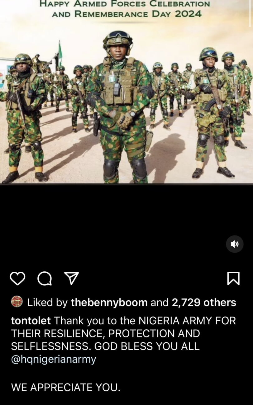 Tonto Dikeh celebrates armed forces remembrance day.