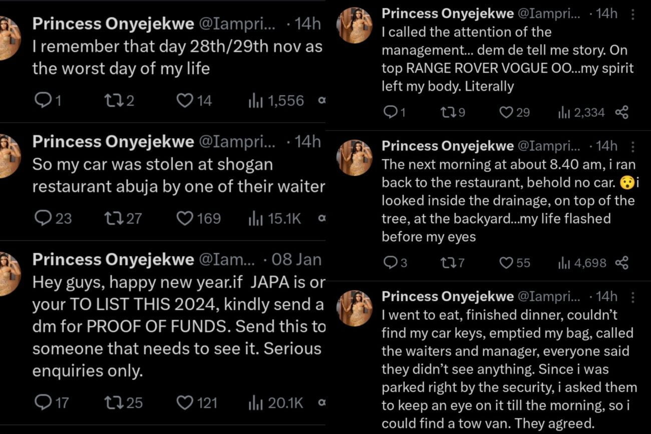 Princess Onyejekwe recounts how her Range Rover was stolen
