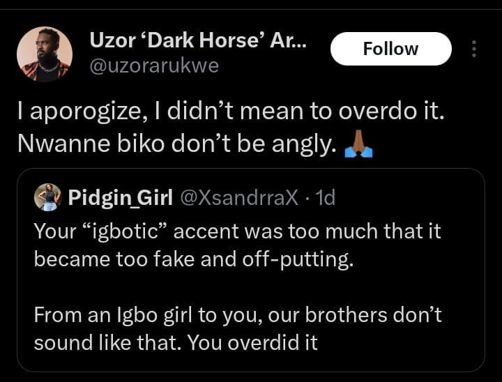 Uzor Arukwe replies critic over his Igbo accent