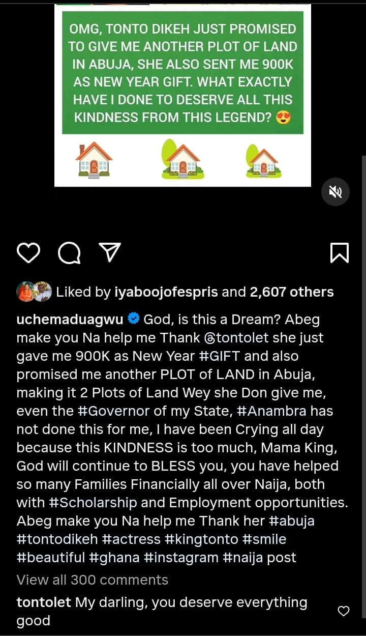 Tonto Dikeh gifts Uche Maduagwu N900k and a land