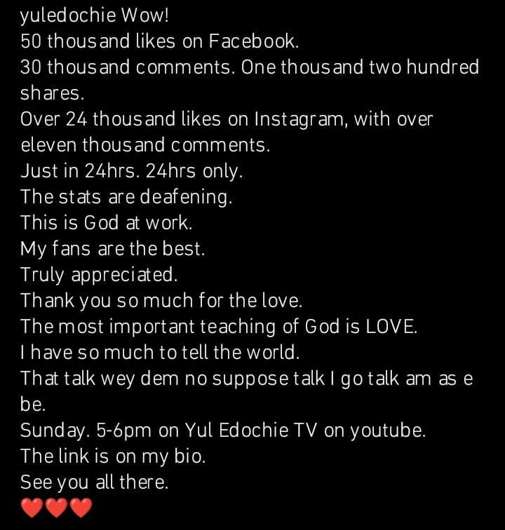 Yul Edochie pens appreciation post after launching his online Ministry