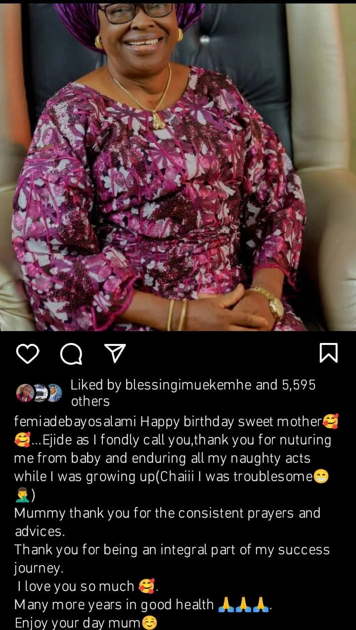 Femi Adebayo celebrates mother's 72nd birthday