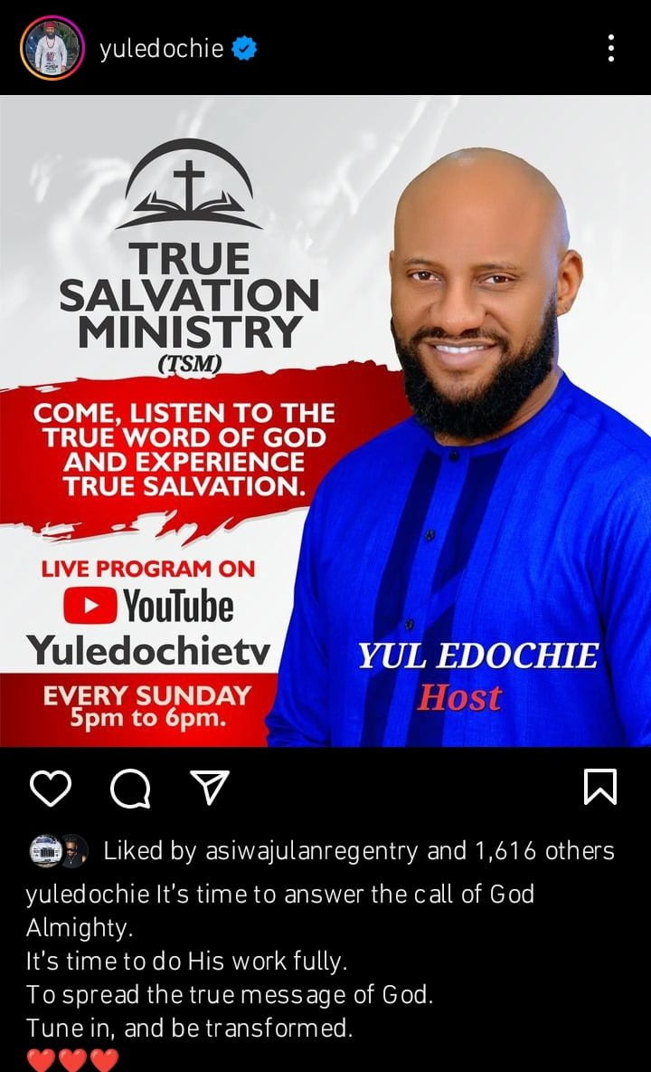 Yul Edochie accepts calling 