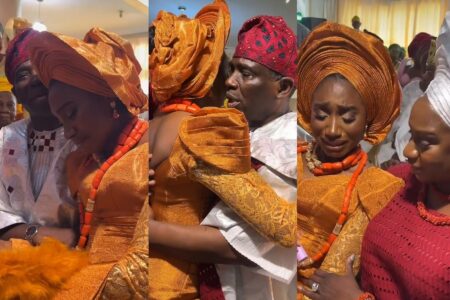 Kunle Remi's wife weeps at wedding