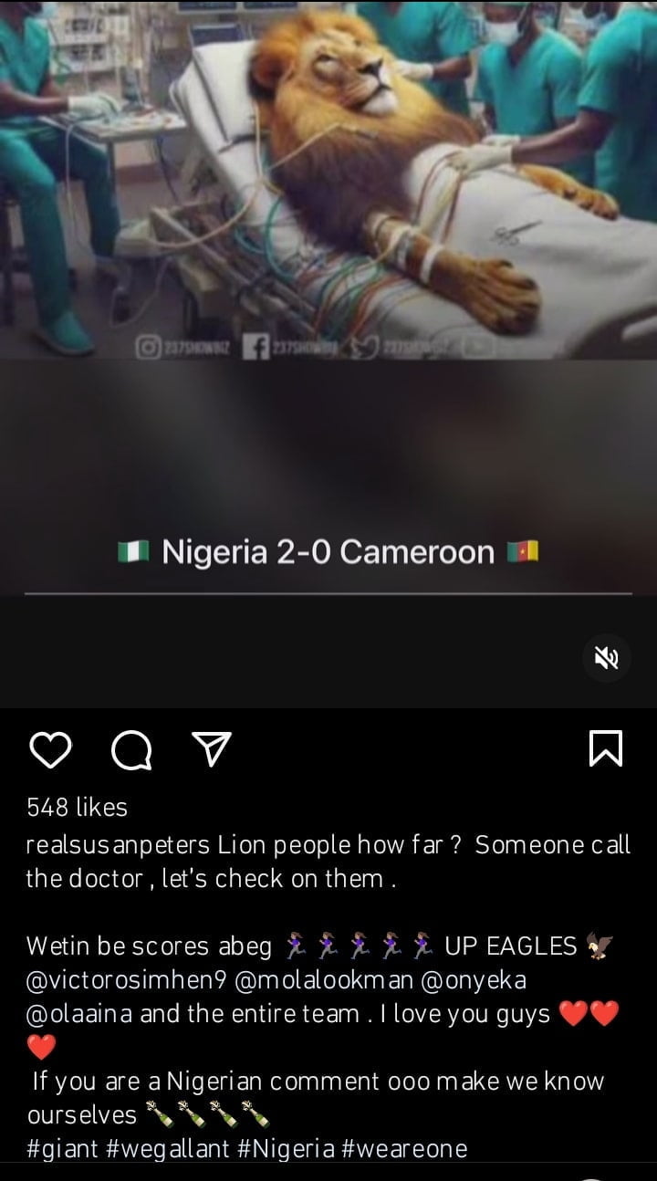 Susan Peters reacts to Super Eagles win against Cameroon