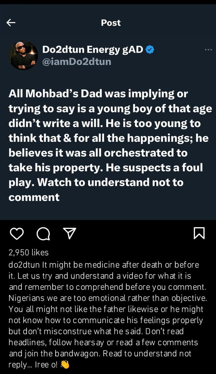 Do2dtun defends Mohbad's father