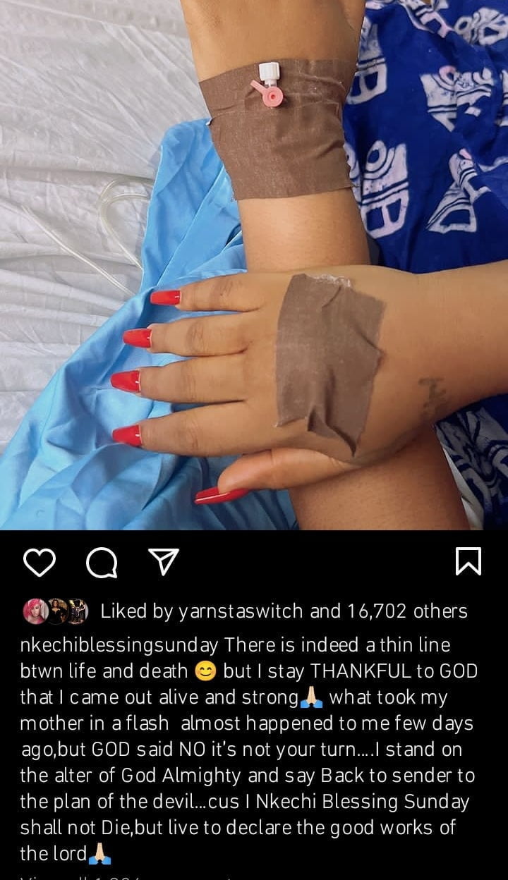 Nkechi Blessing escapes death 