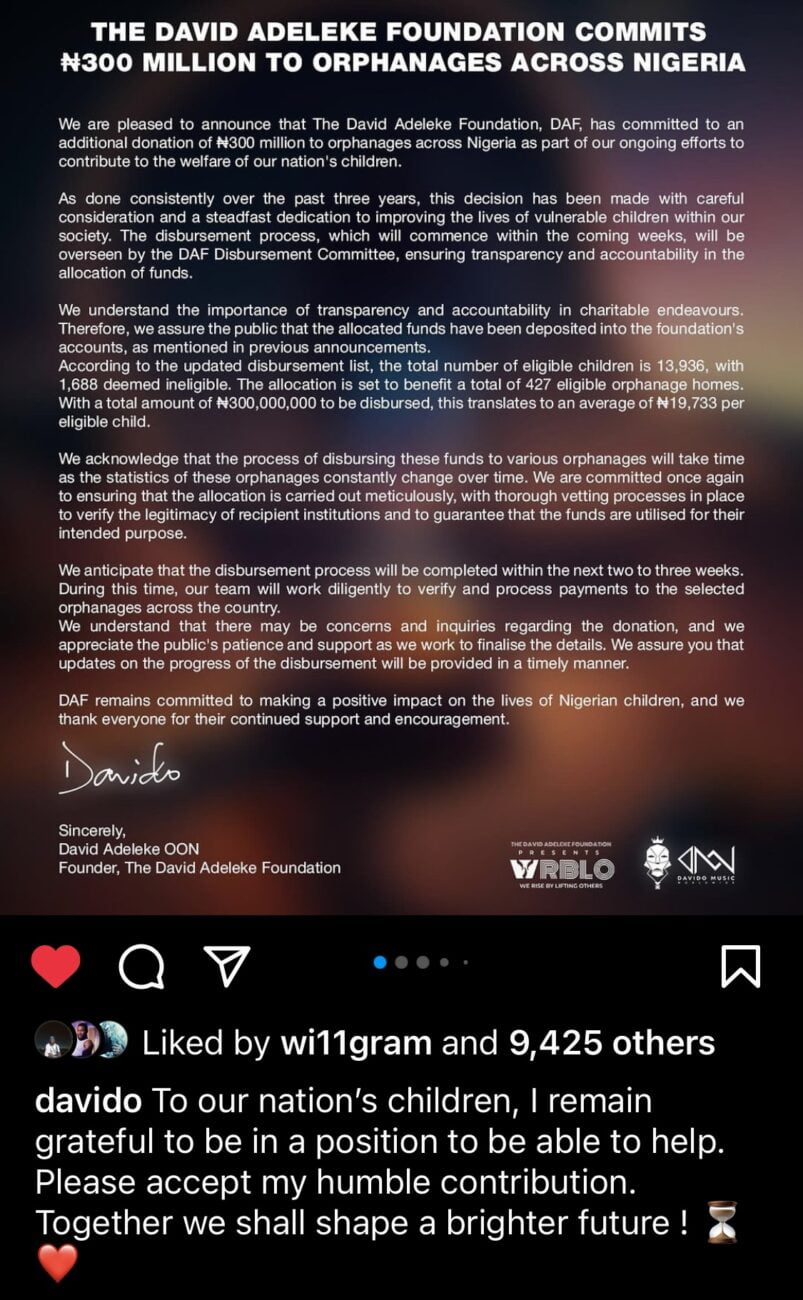 Davido releases official statement for disbursement of three-hundred-million Naira monetary promise to orphans.