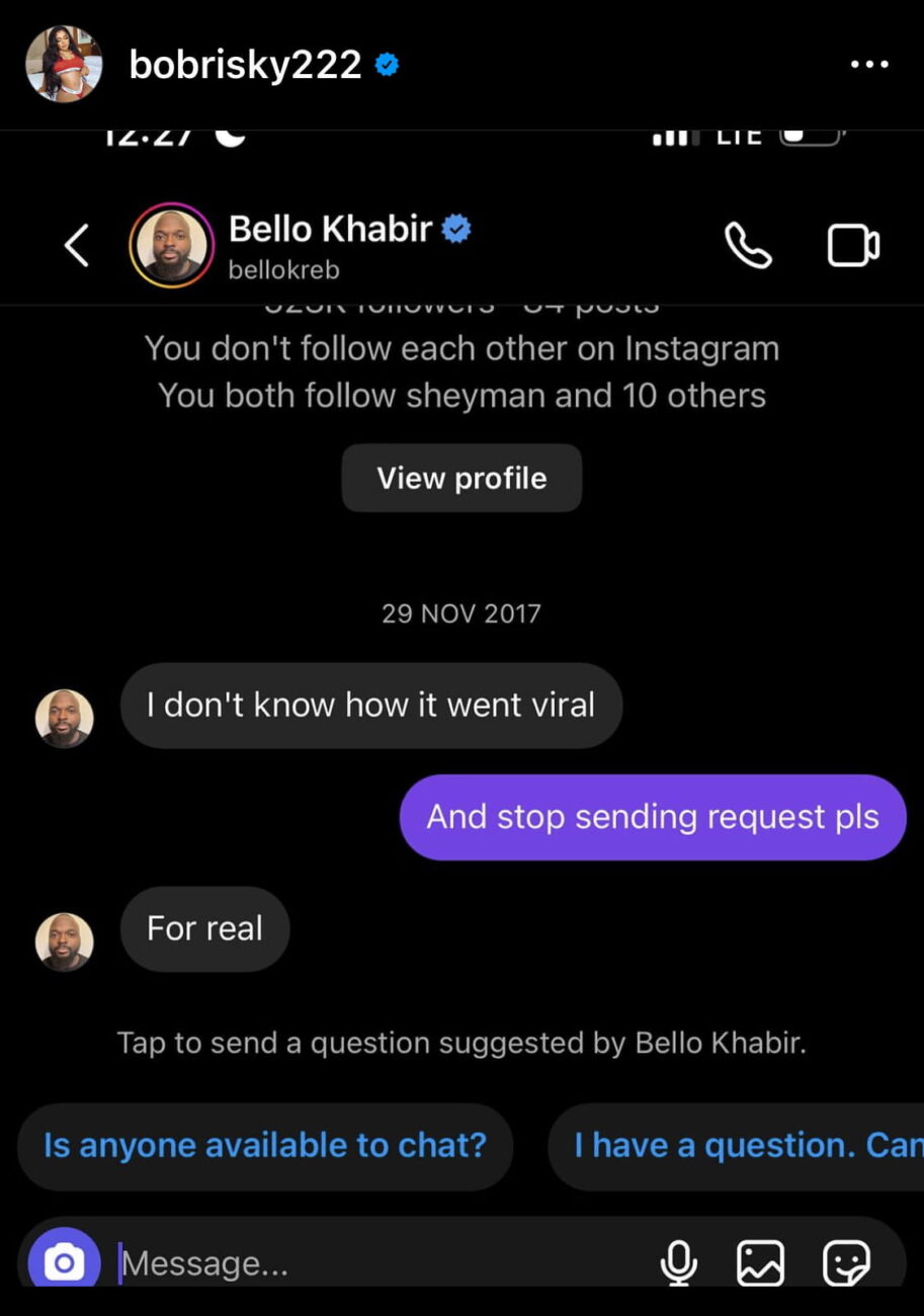 Chat between Bobrisky and Bello Kreb.