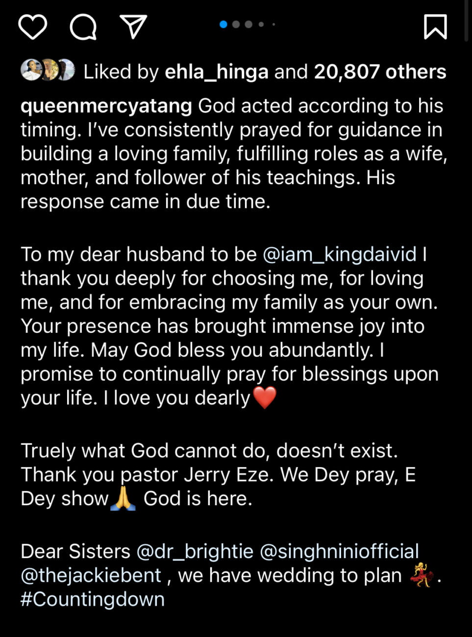 Queen Mercy Atang’s post announcing her engagement.