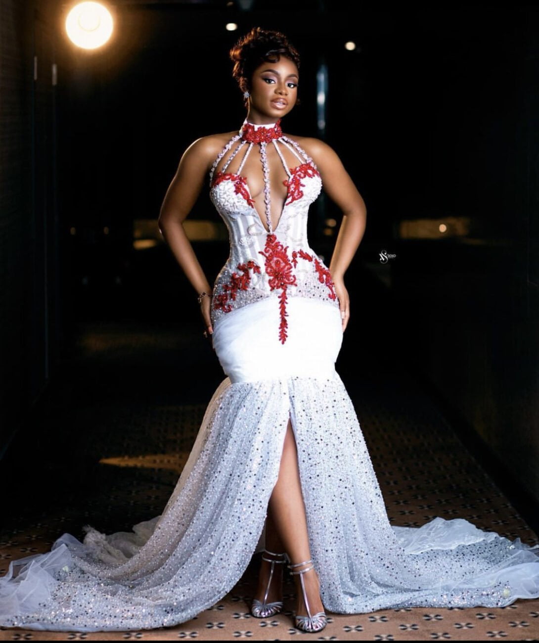 Priscilla Ojo in a corset dress that has a fish shape design.