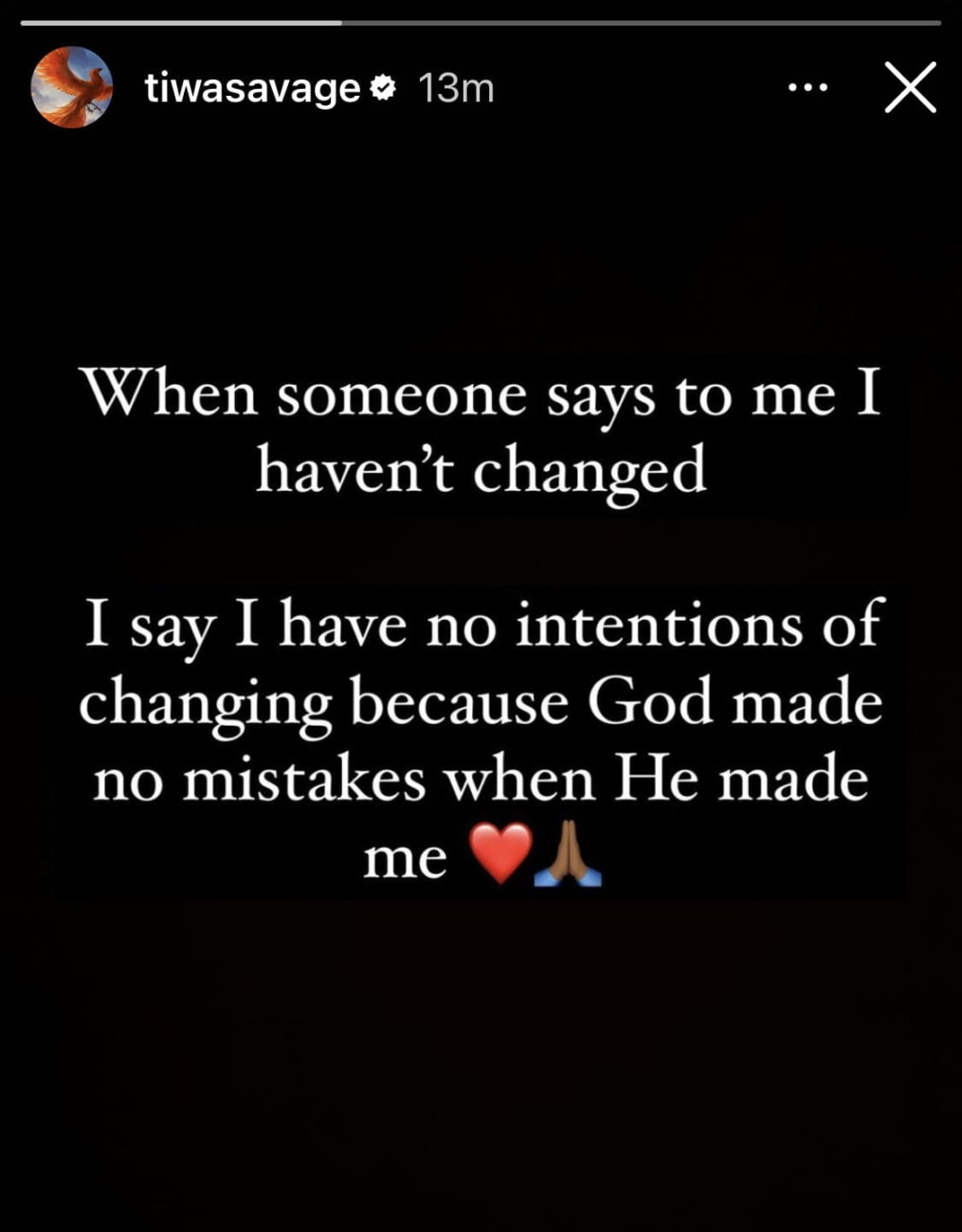 Tiwa Savage’s post on Instagram talking about how she has no intentions of changing.