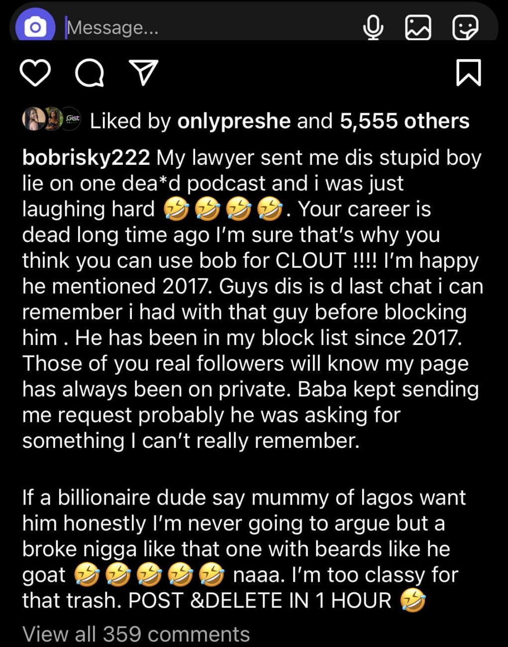 Bobrisky’s post calling out Bello Kreb.