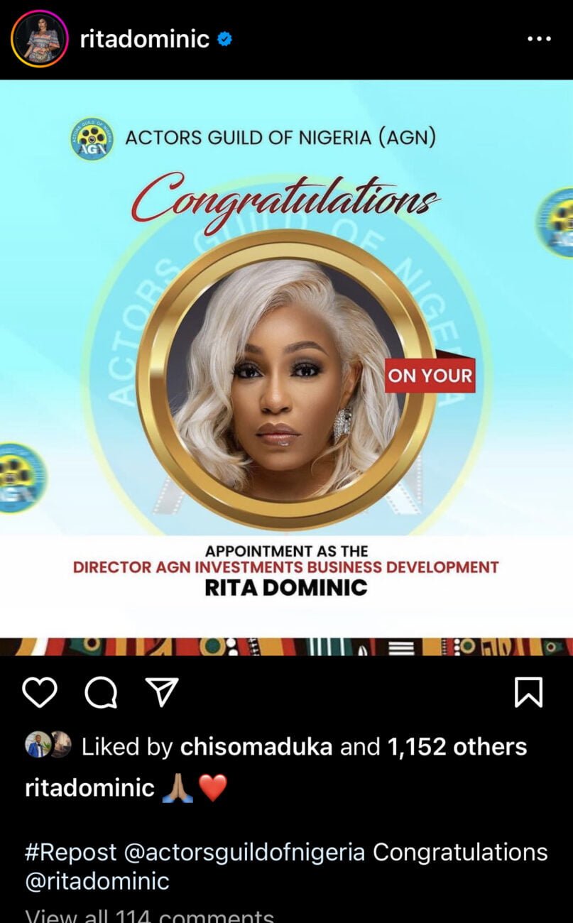 Rita Dominic’s post, celebrating her appointment at the Actors Guild of Nigeria (AGN).