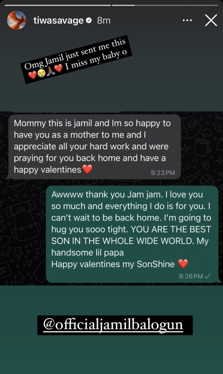 Tiwa Savage shares cute text exchange with her son. 