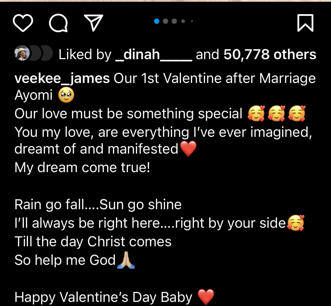 Veekee James pens emotional Valentines Day message to her husband.