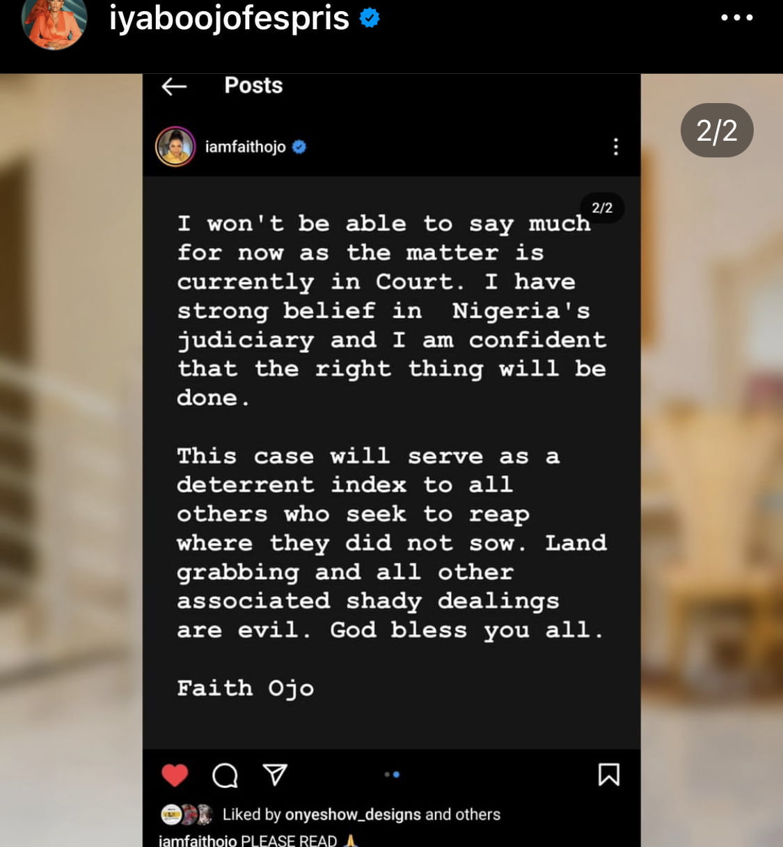The second slide from Faith Ojo's post, reposted by Iyabo Ojo, accusing Lizzy Anjorin's husband of snatching her land in Lagos.