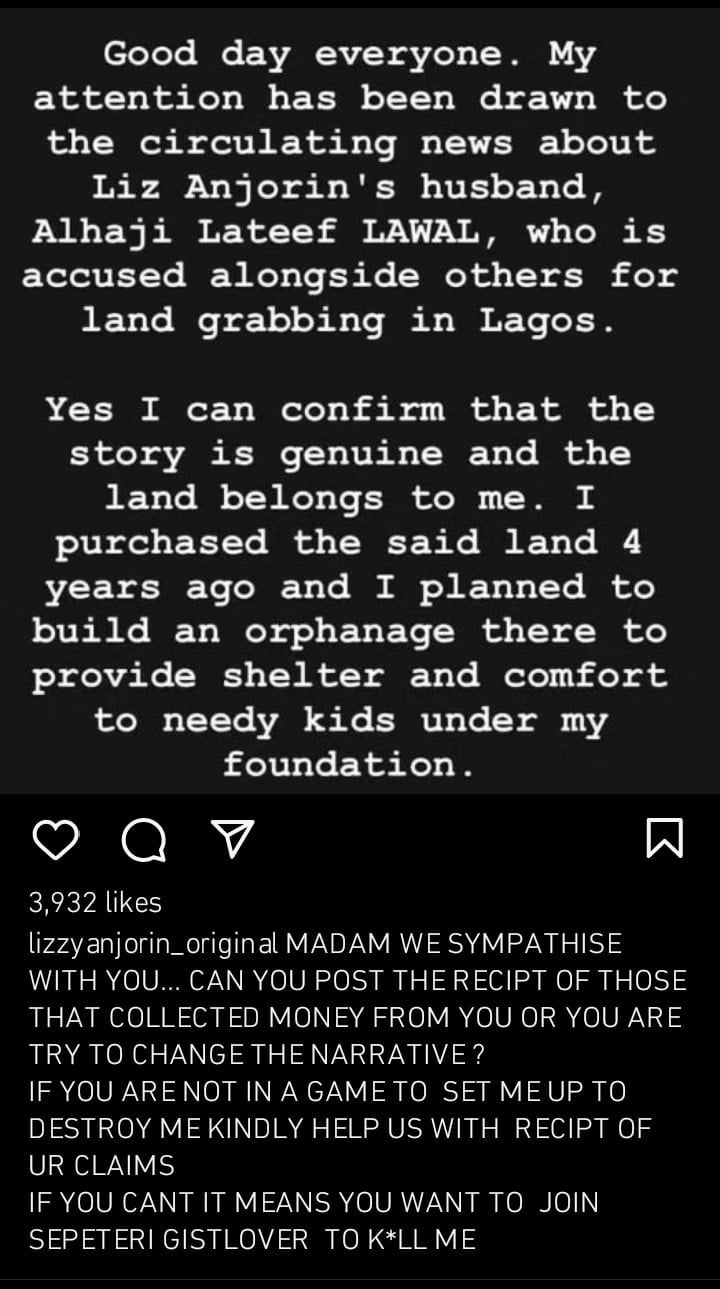 Lizzy Anjorin reacts to land grabbing allegation