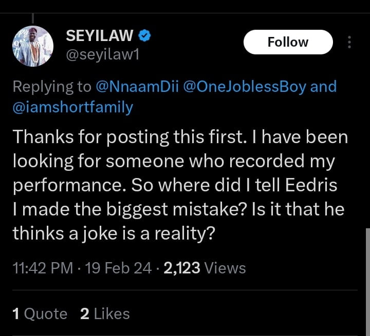 Seyi Law reacts to video corroborating Eedris Abdulkareem statement