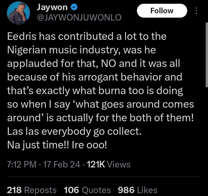 Jaywon weighs into Eedris Abdulkareem and Burna Boy's beef