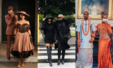 Enioluwa and Priscilla Ojo in stylish outfits.