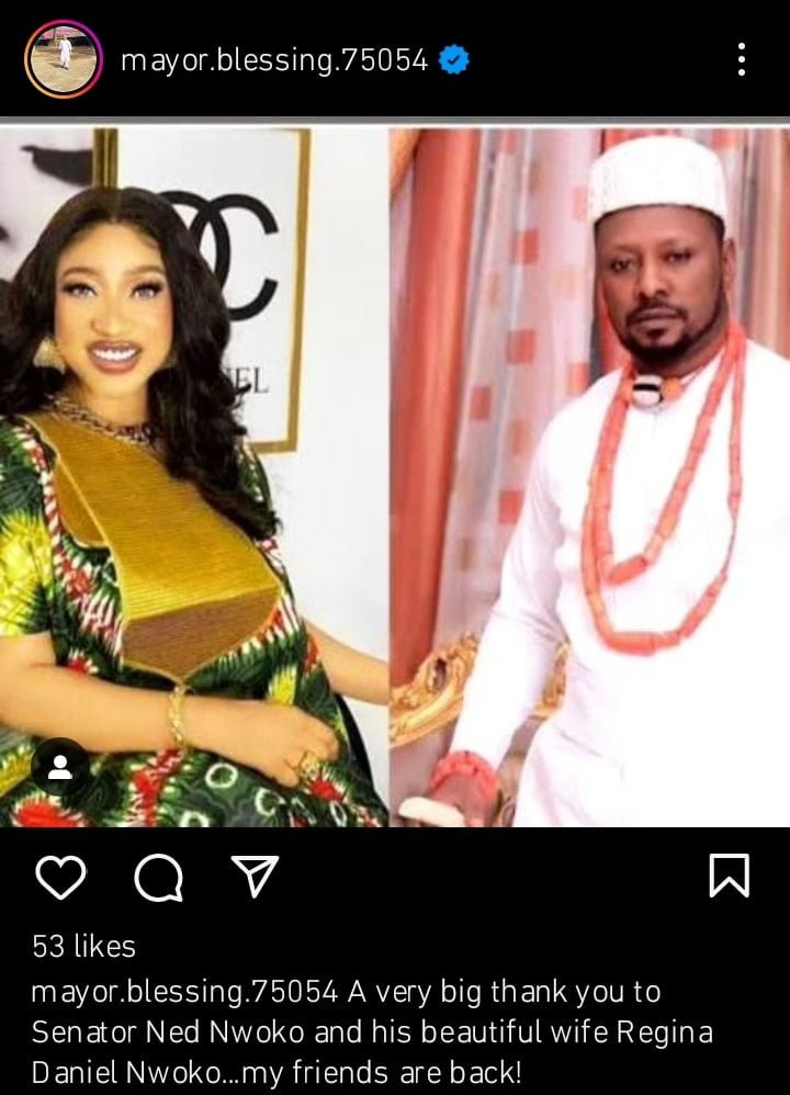 Mayor Blessing reacts to Tonto Dikeh and Kpokpogri's reconciliation