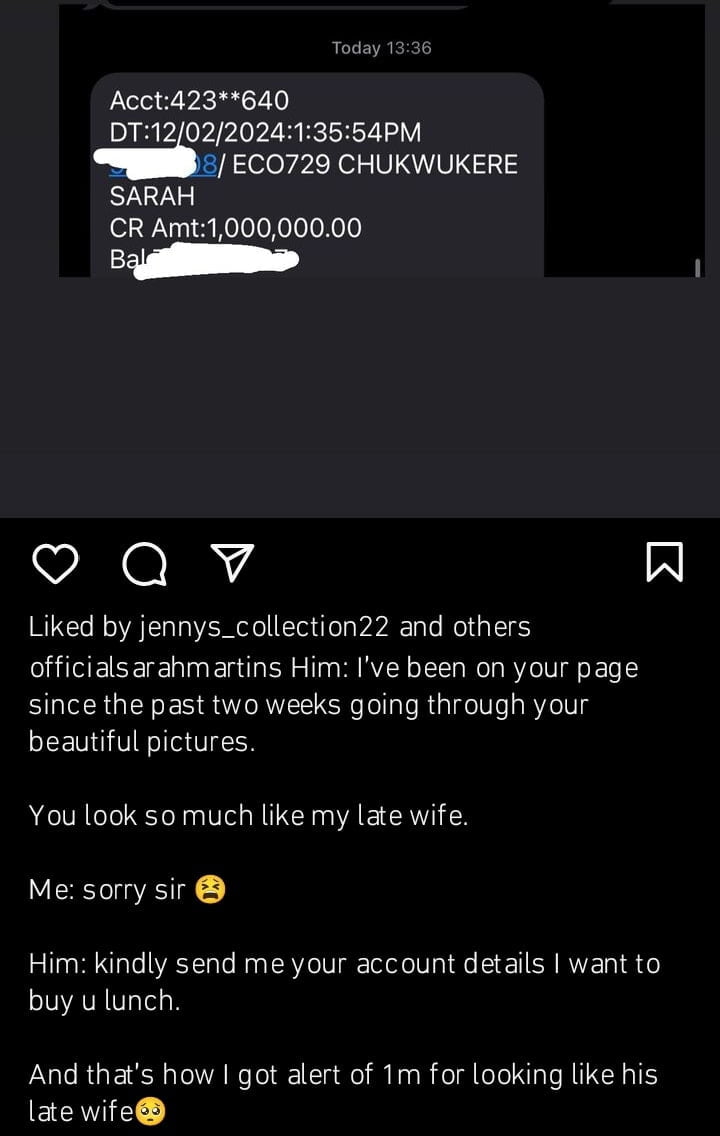Man gifts Sarah Martins N1million for looking like his late wife