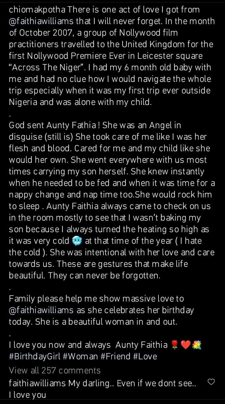 Chioma Akpotha recounts Faithia Williams good deed to her and her son