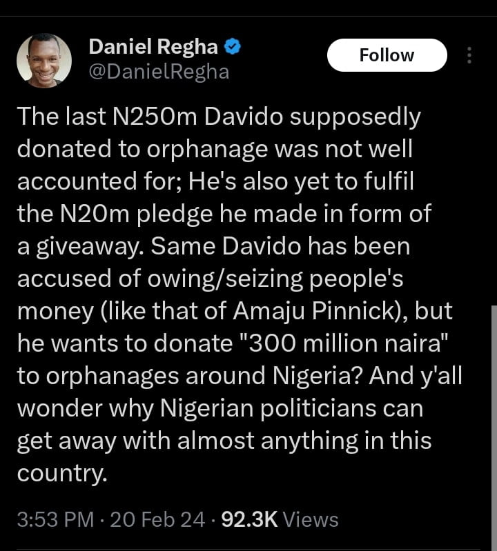 Daniel Regha faults Davido over his N300m donation