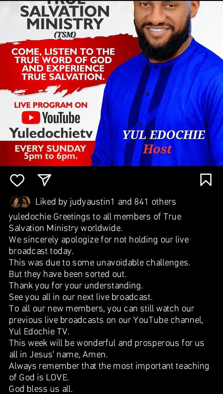 Yul Edochie apologises for not holding Sunday Service