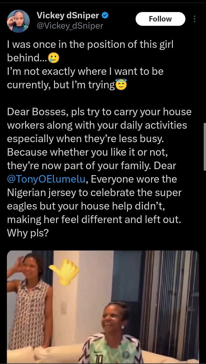 Lady slams Tony Elumelu over his treatment of his househelp