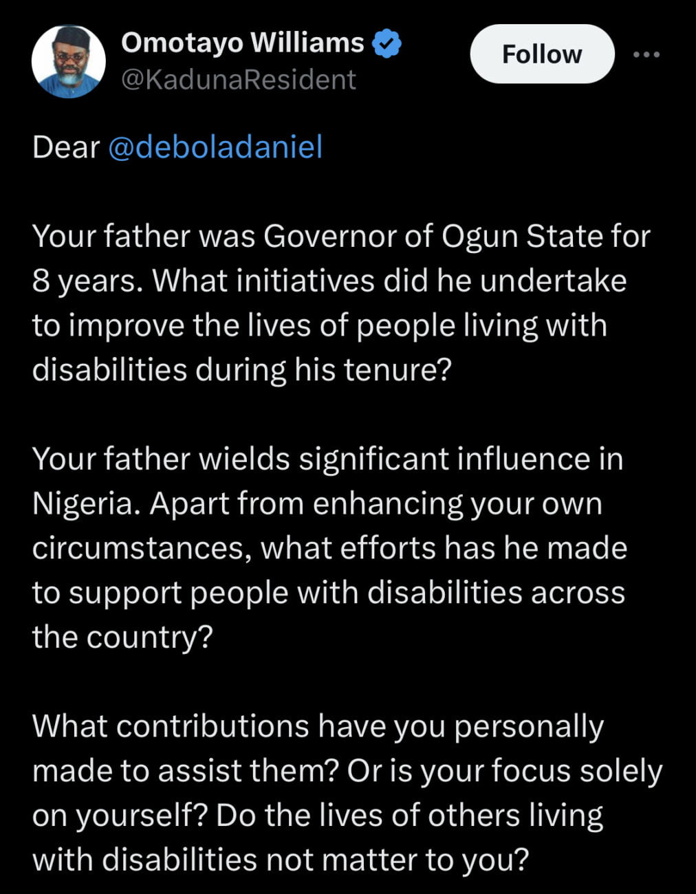 Omotayo Williams questions Adebola Daniel about what his father did for people with disabilities when he was the Governor of Ogun State.