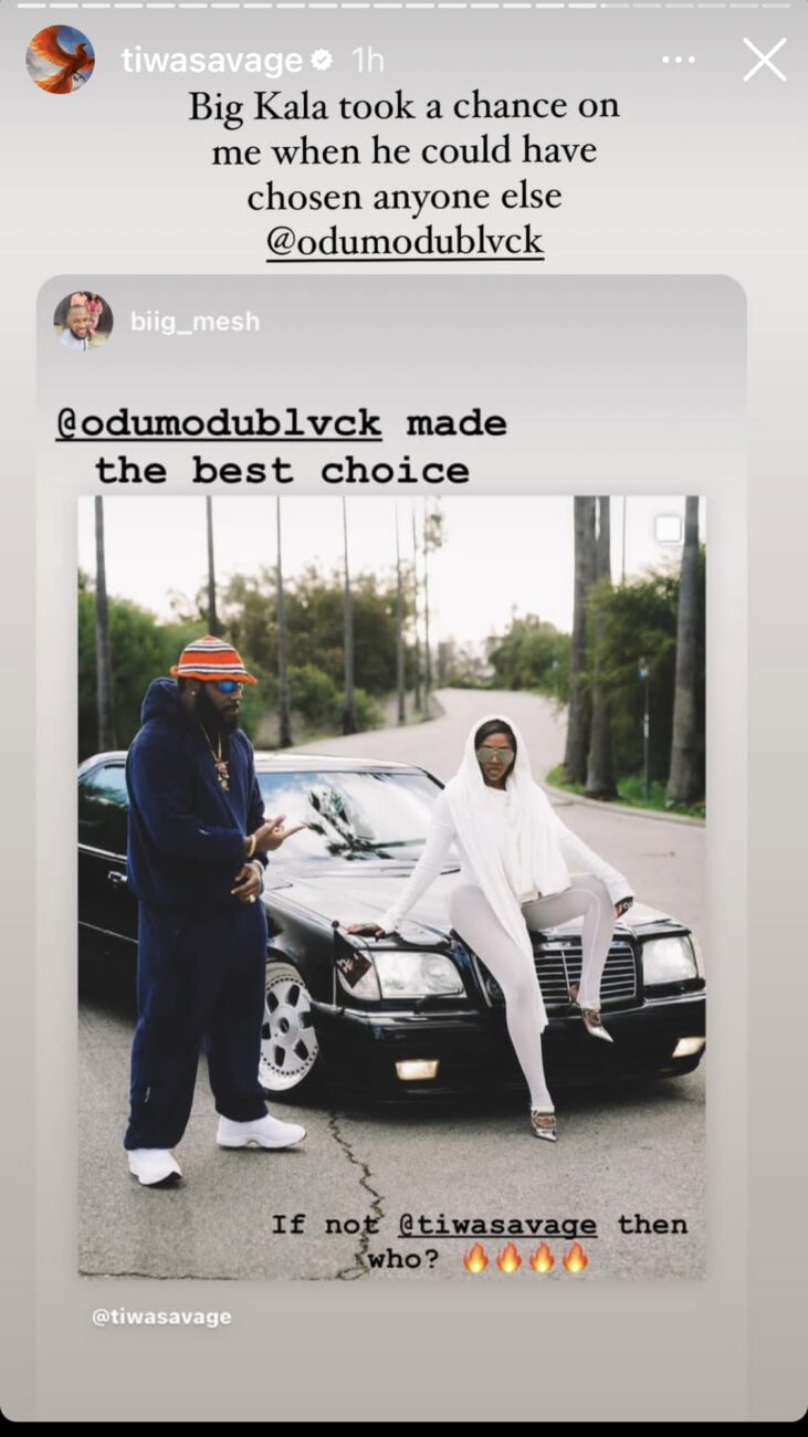 Tiwa Savage shows gratitude to Odumodublvck for featuring her in his song.