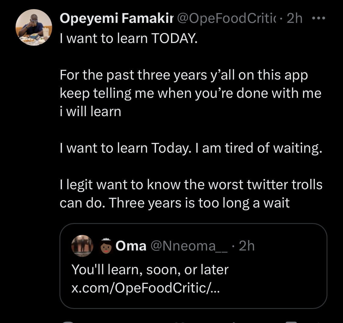 Opeyemi Famakin replies an X app troll. 