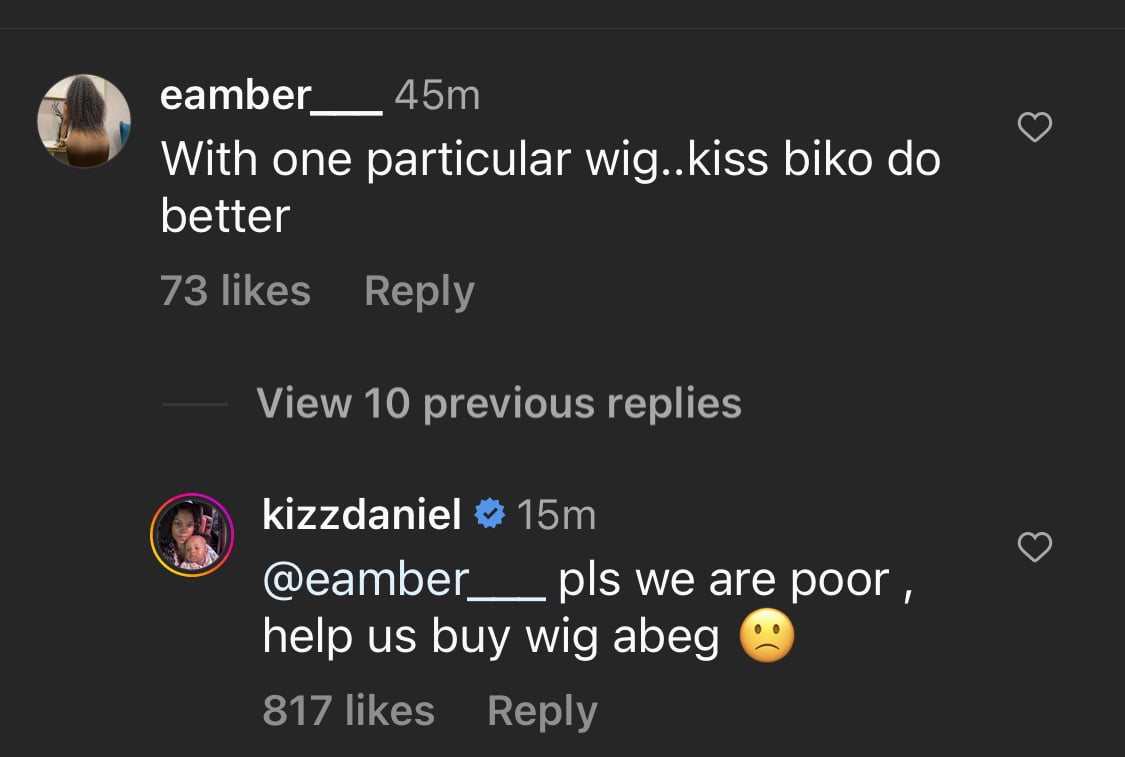 The comment by a netizen chastising Kizz Daniel about his wife’s appearance. 