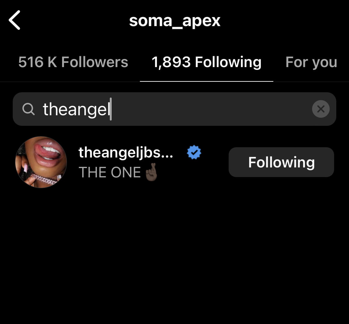 Proof that Soma still follows Angel on Instagram.