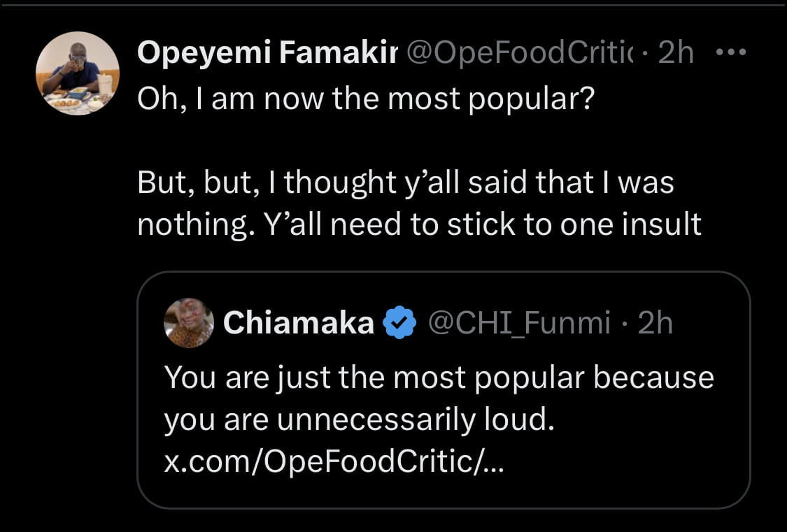 Opeyemi Famakin replies an X app troll. 