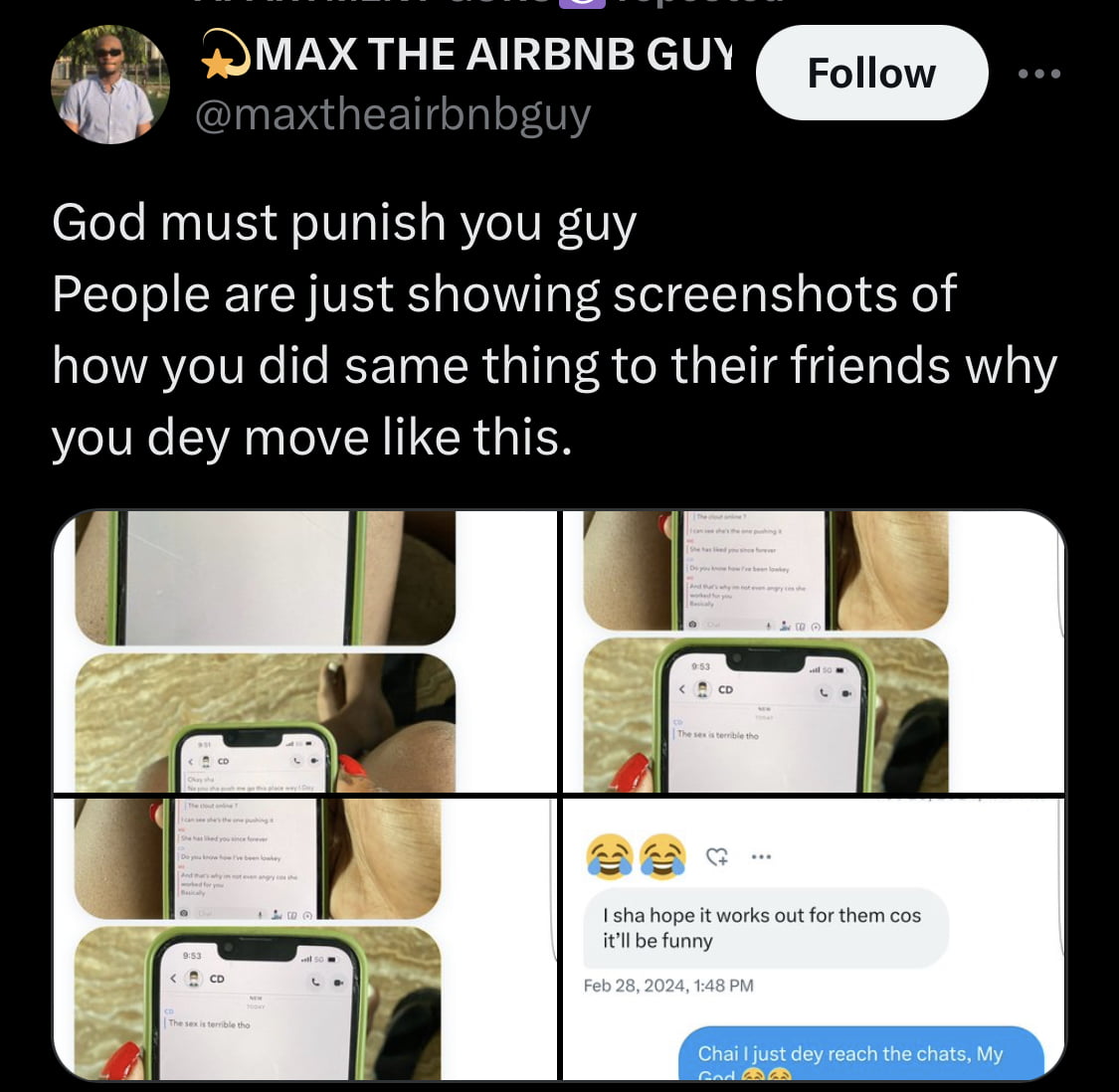 Max the Airbnb Guy provides screenshots that claim Chef Derin left his friend for Saskay. 
