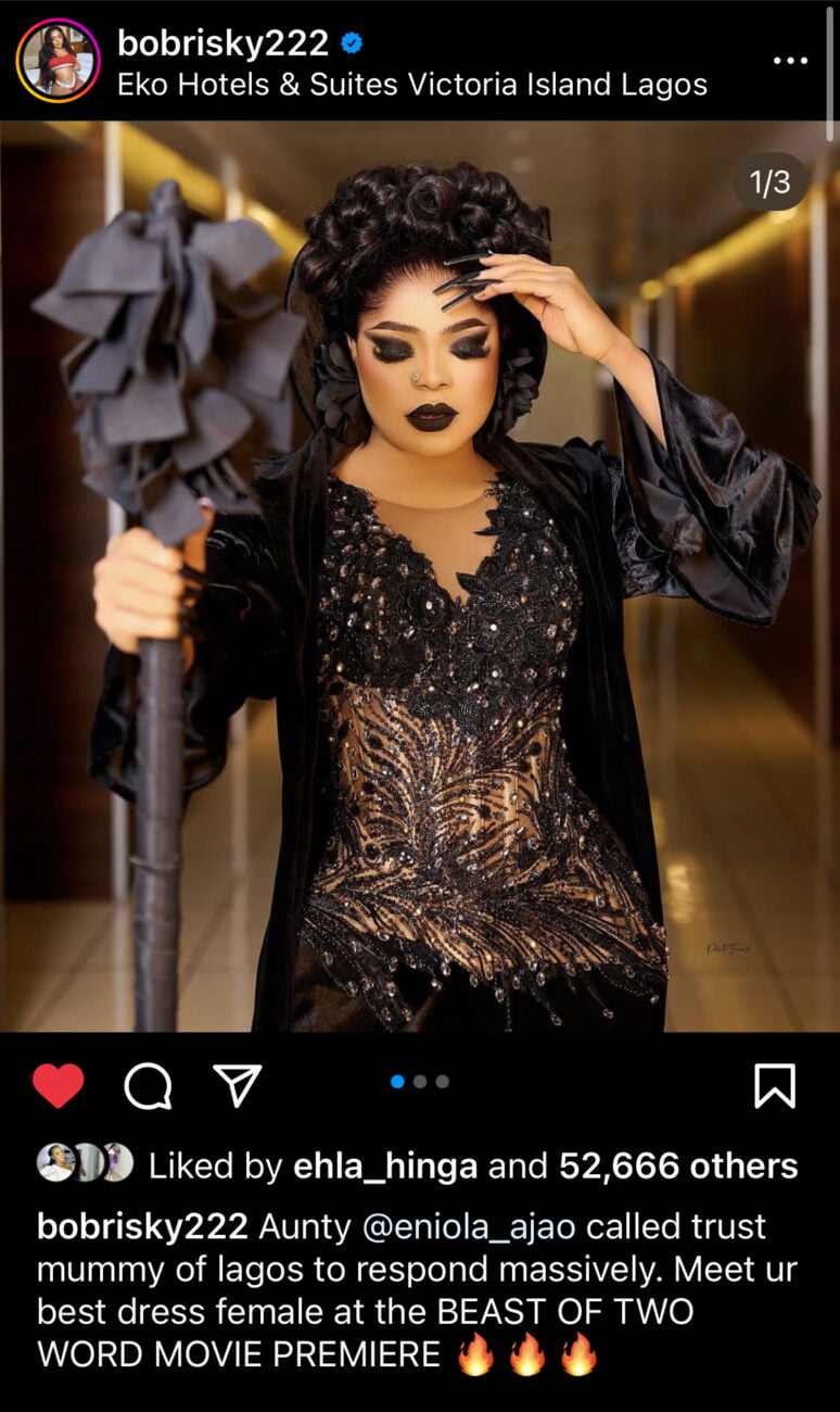 Bobrisky shared photos of his outfit from the Ajakaju primiere.