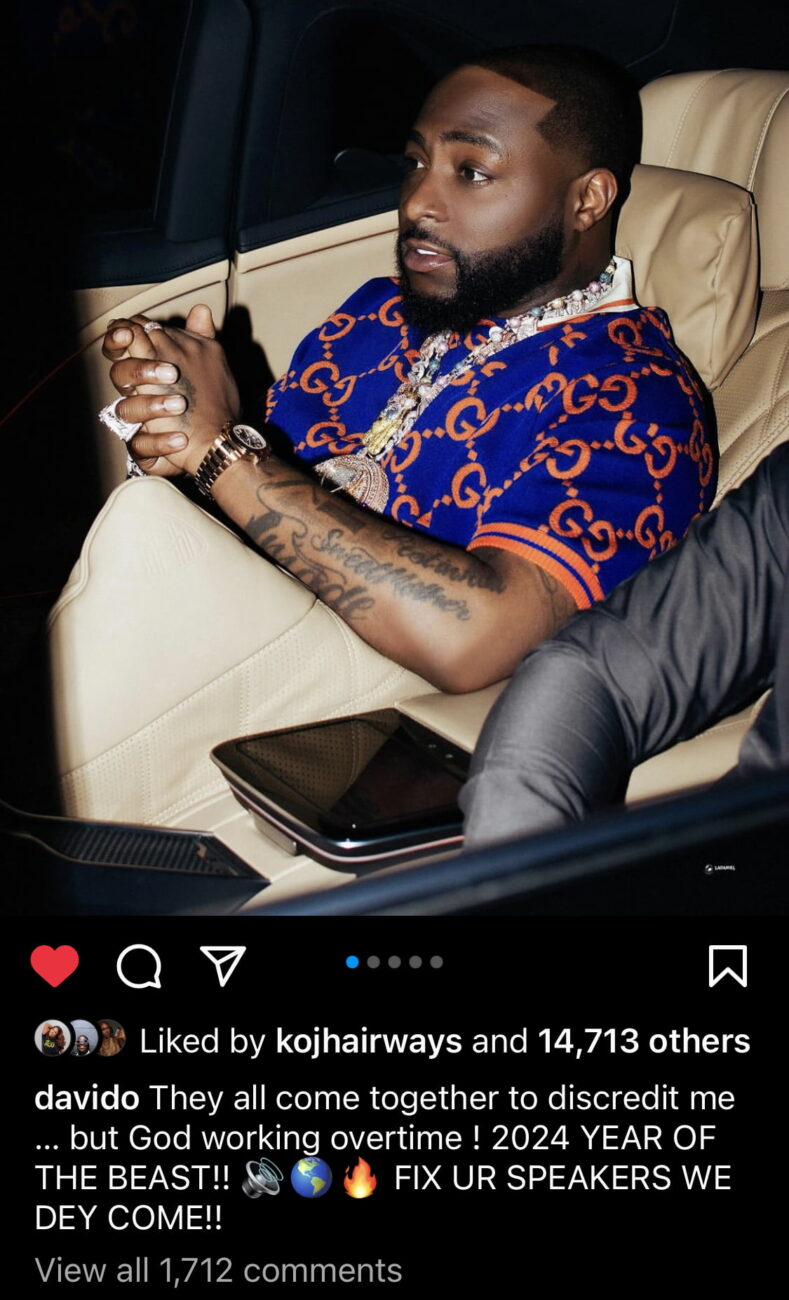 Davido talks about people trying to discredit him while God is working overtime in new post.