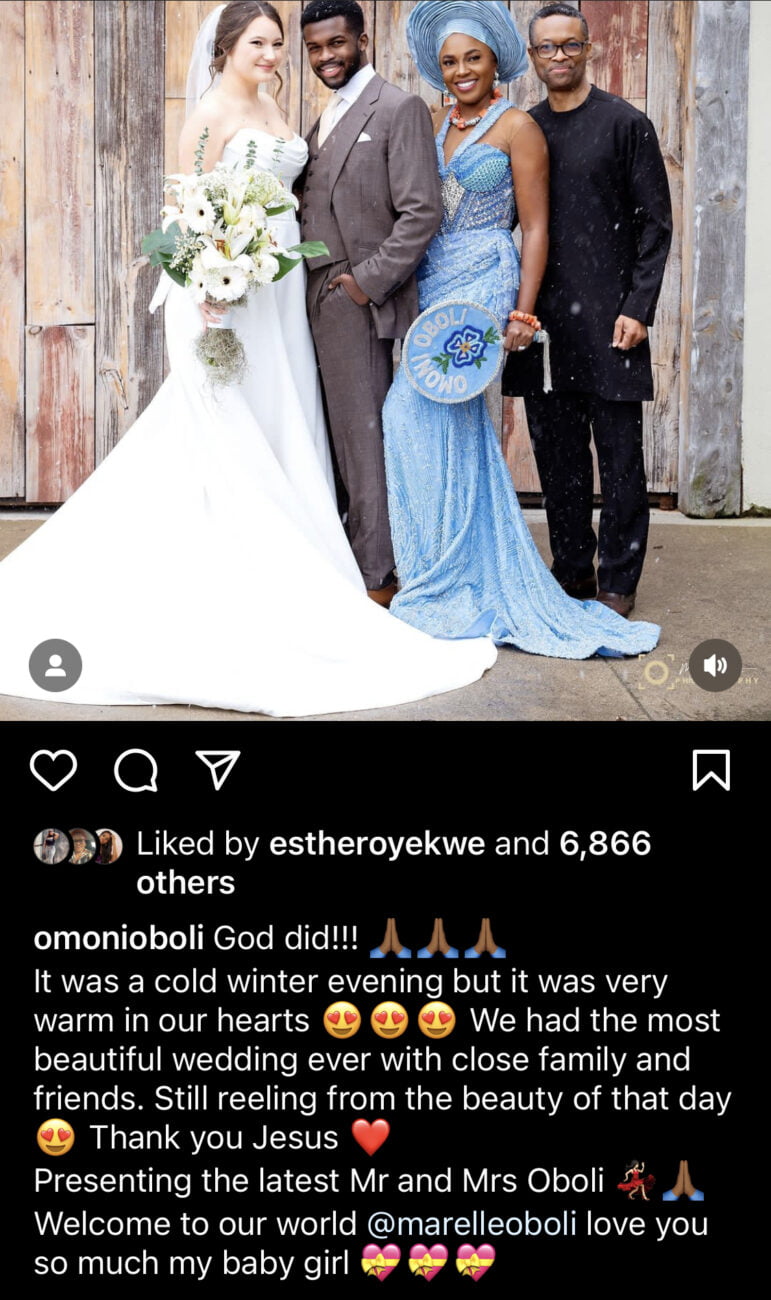 Omoni Oboli shares a photo from her son’s white wedding ceremony.