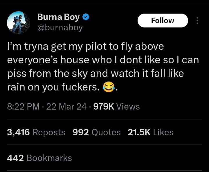 Burna Boy says he wants to fly above everyone's house