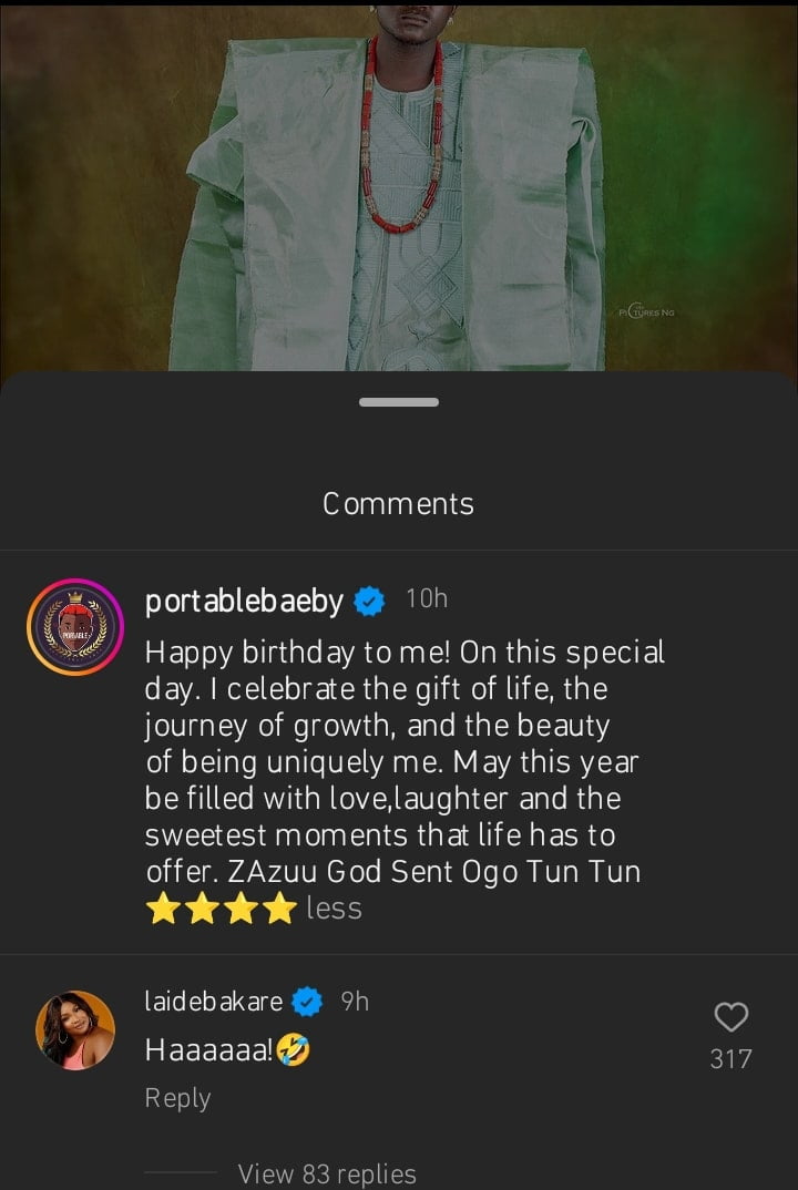 Laide Bakare comment on Portable's birthday post