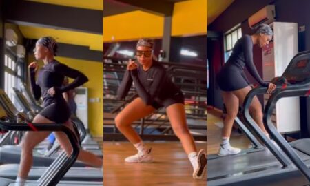 Netizens react as Nancy Isime shows off trim physique while working out.