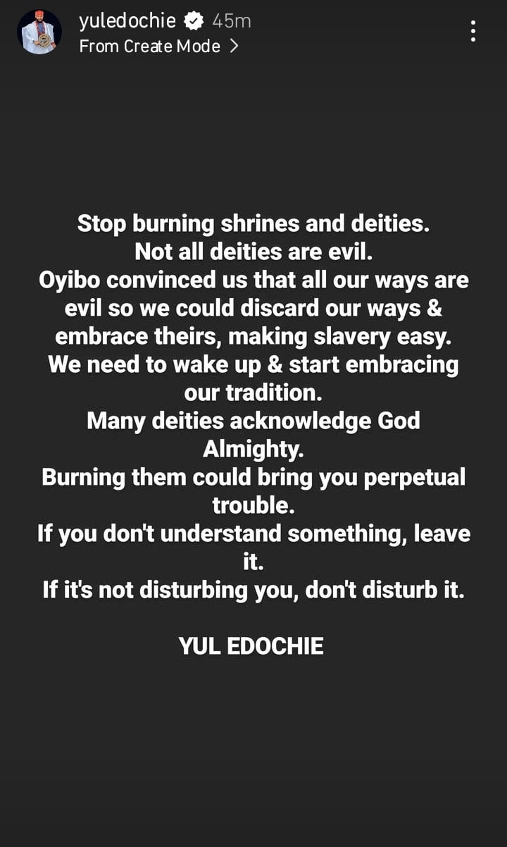 Yul Edochie burning shrines and deities 