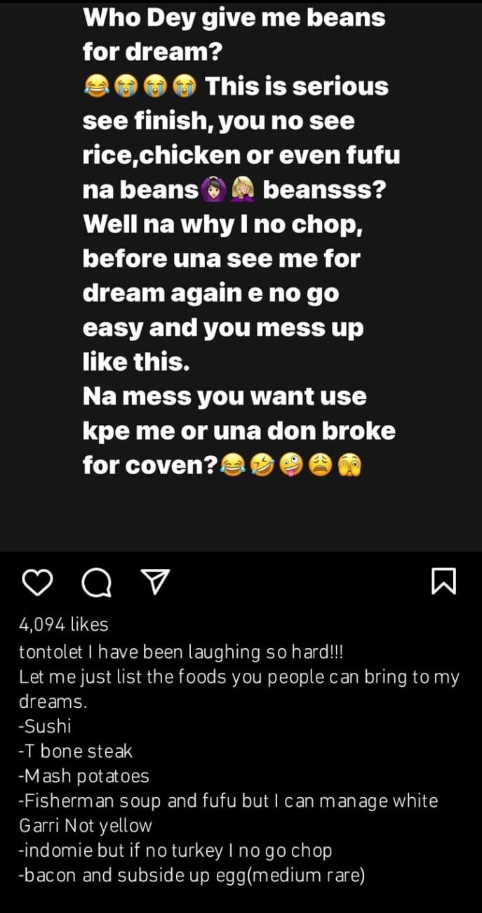 Tonto Dikeh laments after eating beans in her dream