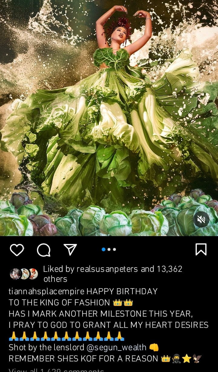 Toyin Lawani wears dress made of lettuce
