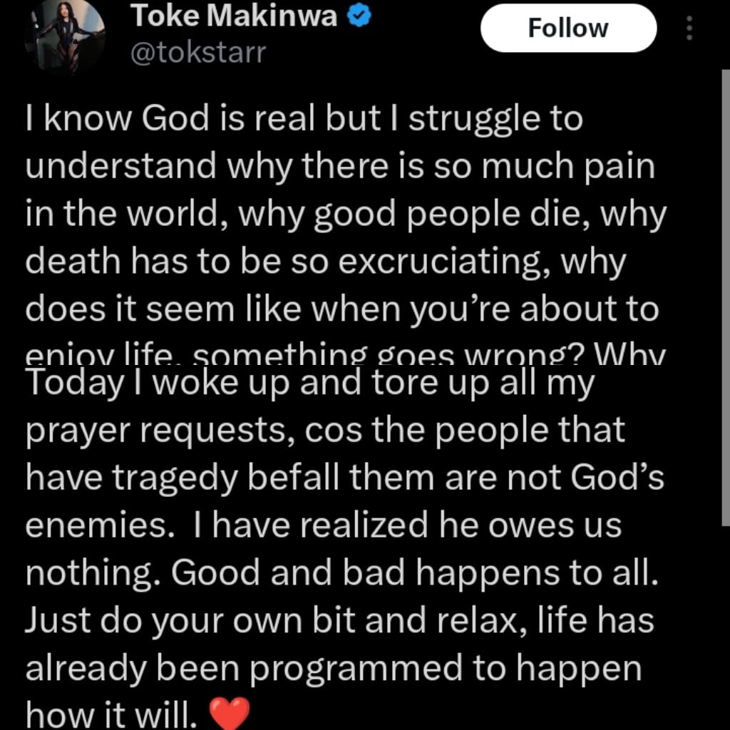 Toke Makinwa tears her prayer requests 